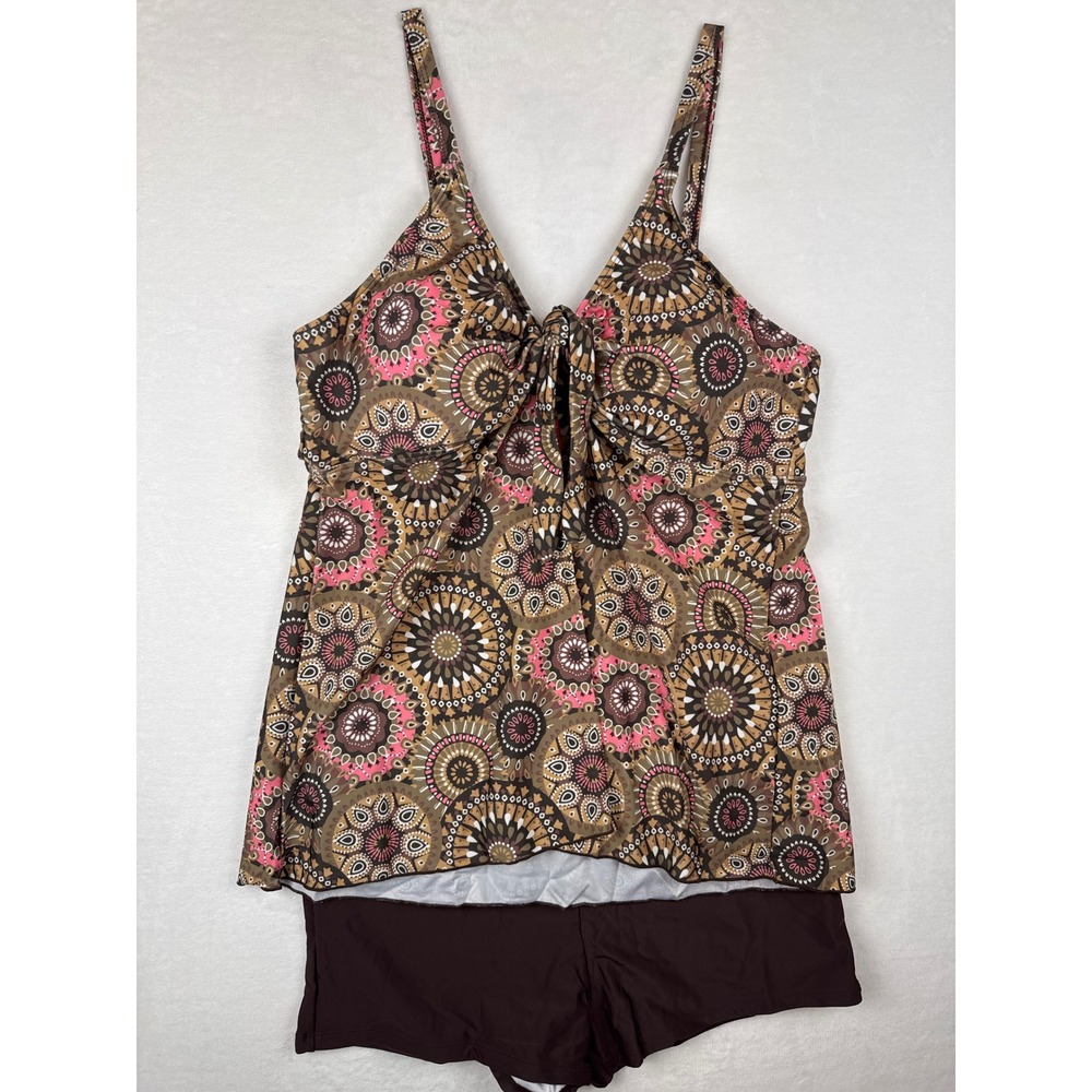 NWOT Brown Pink Medallion Print Flowy Tankini Swimsuit Boyshorts Set 4XL